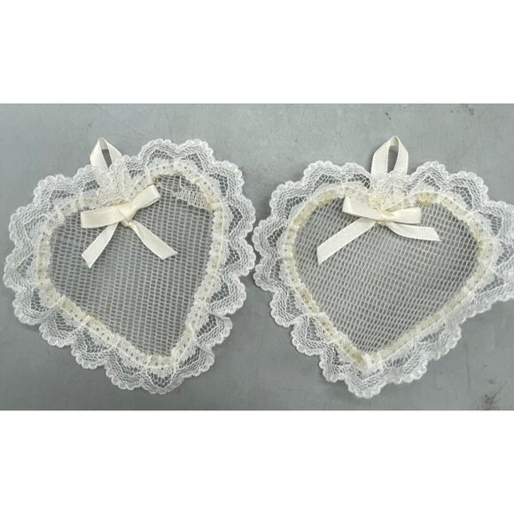 handmade set of 2 heart lace white ornaments ruffle 4" READ - Picture 1 of 8